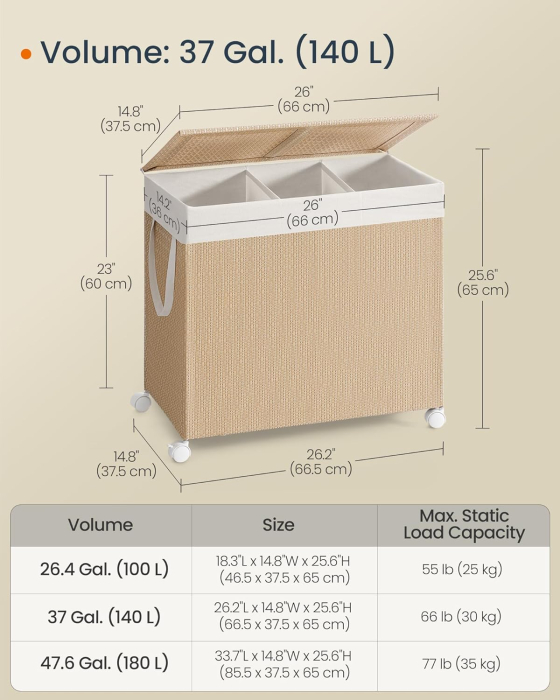 Cos rufe din tesatura tip ratan, 140L cu 3 compartimente si roti, 66x38x65 cm, bej natur [3]