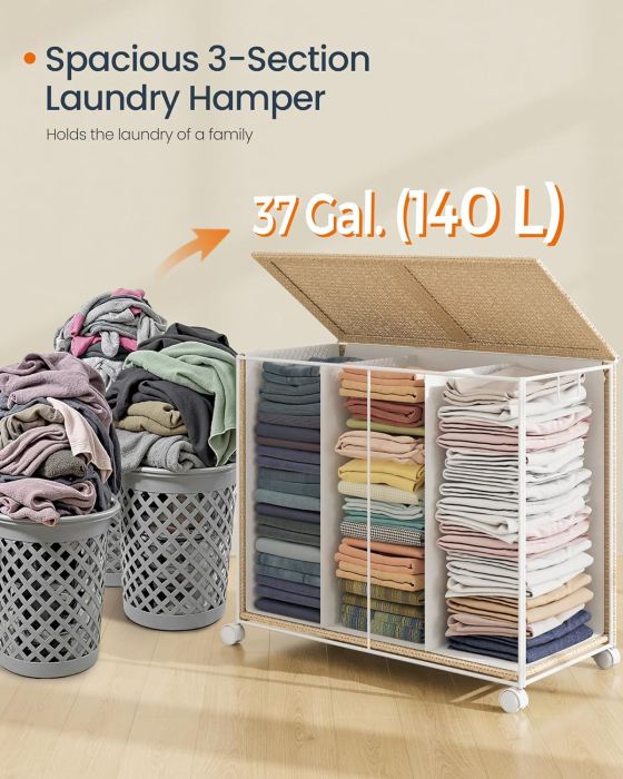 Cos rufe din tesatura tip ratan, 140L cu 3 compartimente si roti, 66x38x65 cm, bej natur [2]