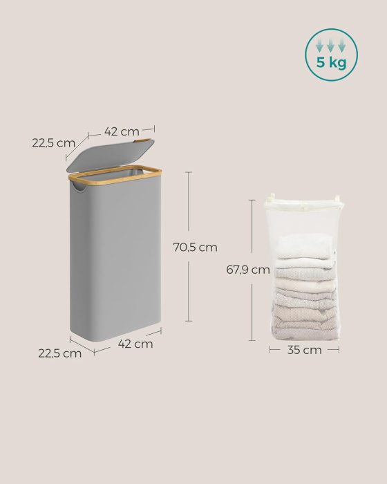 Cos rufe slim pentru spatii inguste, sac detasabil, 65 litri, 42x23x71 cm, gri [2]