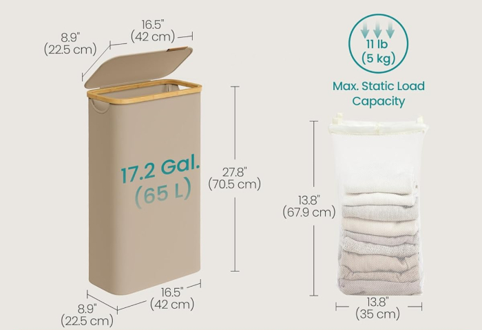 Cos rufe slim pentru spatii inguste, sac detasabil, 65 litri, 42x23x71 cm, maro bej [8]