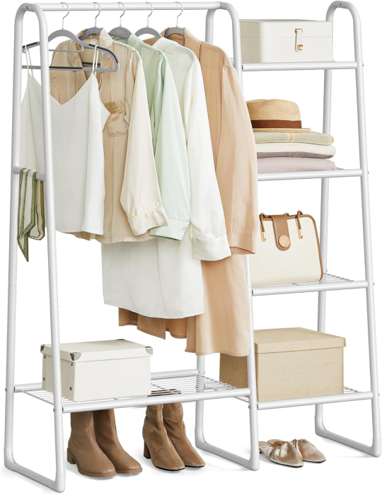 SONGMICS Cuier cu 5 rafturi si bara pentru haine, structura metalica, stil industrial, 40x102x153 cm, alb [2]