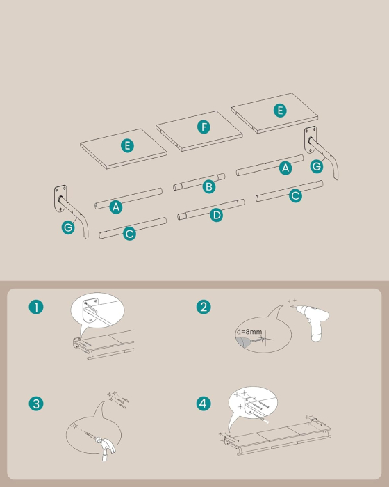 Cuier cu montaj pe perete cu bara pentru umerase si raft, capacitate 60 kg, stil industrial, 109x28x13 cm, maro rustic [3]