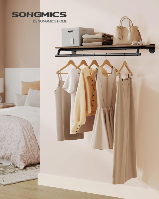 Cuier cu montaj pe perete cu bara pentru umerase si raft, capacitate 60 kg, stil industrial, 109x28x13 cm, maro rustic [5]