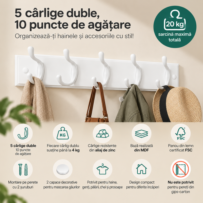 Cuier de perete cu 5 carlige duble si 10 puncte de agatare pentru haine, genti, palarii si prosoape, design compact pentru economisirea spati [6]