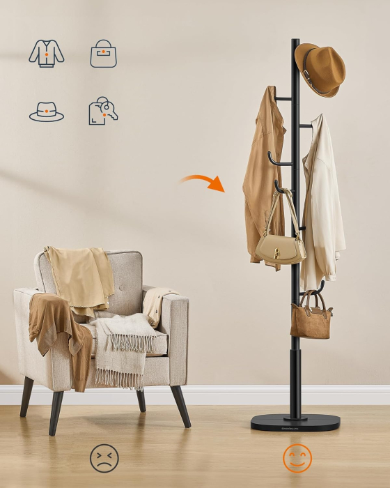 Cuier de podea, cu 8 carlige rezistente, pentru haine, palarii si genti, 175 cm, negru [5]