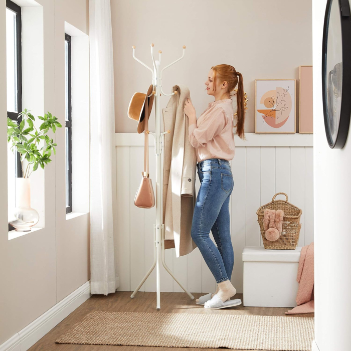 Cuier pentru haine cu 12 carlige pe 3 nivele, metalic, inaltime 182 cm, alb crem [3]