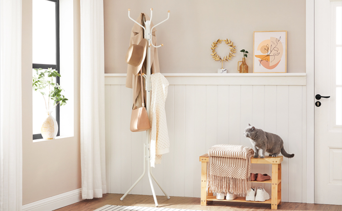 Cuier pentru haine cu 12 carlige pe 3 nivele, metalic, inaltime 182 cm, alb crem [2]