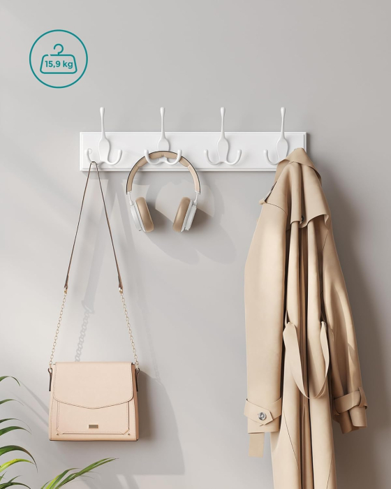 Cuier perete cu 4 carlige triple, MDF si aliaj zinc, 40x11 cm, alb [3]