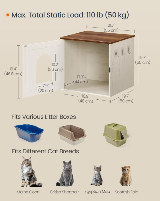Cusca pentru pisici tip mobilier, mascare litiera, cu usi model hambar, MDF, 55x50x50 cm, alb rustic [4]