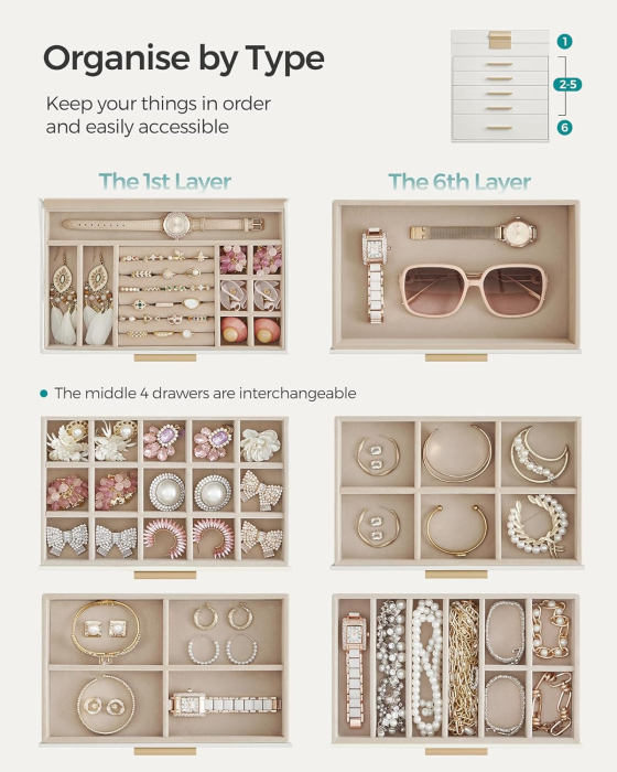 Cutie bijuterii 6 niveluri, cu capac din sticla si 5 sertare, 16x25x29 cm, alb auriu [7]