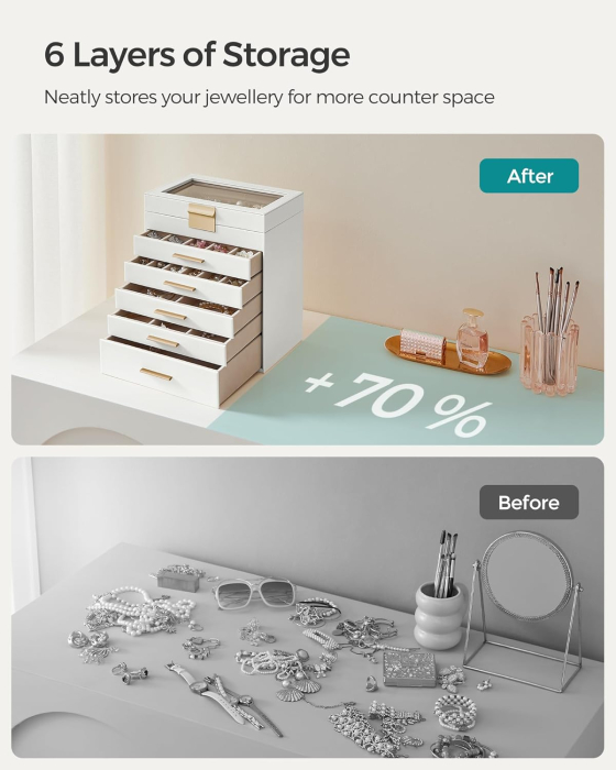 Cutie bijuterii 6 niveluri, cu capac din sticla si 5 sertare, 16x25x29 cm, alb auriu [6]