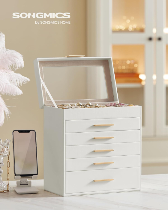 Cutie bijuterii 6 niveluri, cu capac din sticla si 5 sertare, 16x25x29 cm, alb auriu [3]