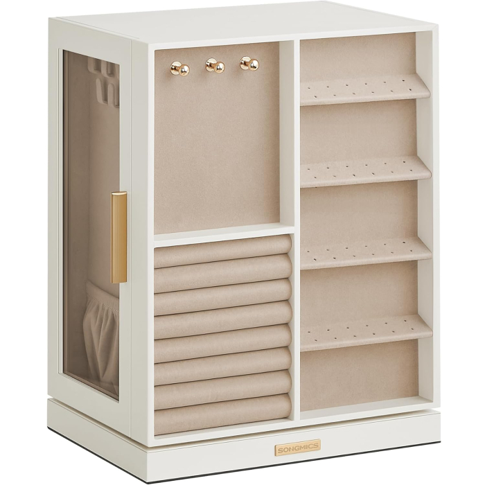 SONGMICS Cutie bijuterii rotativa 360°, cu 5 sertare si ferestre, MDF si catifea, 22x16x29 cm, alb [1]