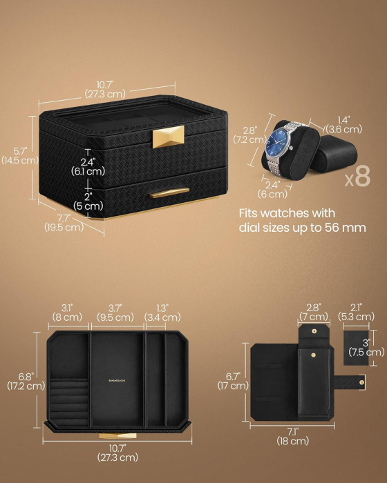 SONGMICS Cutie ceasuri Ronne Collection, 8 sloturi cu compartimente, piele PU impletita, 27x20x15 cm, negru [2]