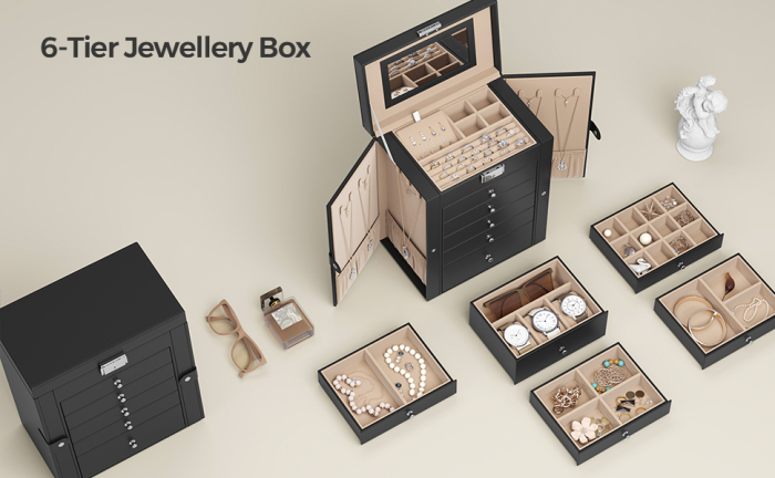 SONGMICS Cutie de bijuterii 6 nivele, 5 sertare, oglinda, suport ceasuri, incuietoare, 16x26x32cm, negru [5]