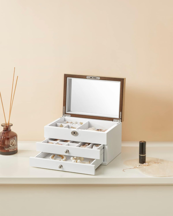 Cutie de bijuterii cu 3 nivele, 2 sertare, capac cu oglinda, 17x25x15cm, alb si maro [10]
