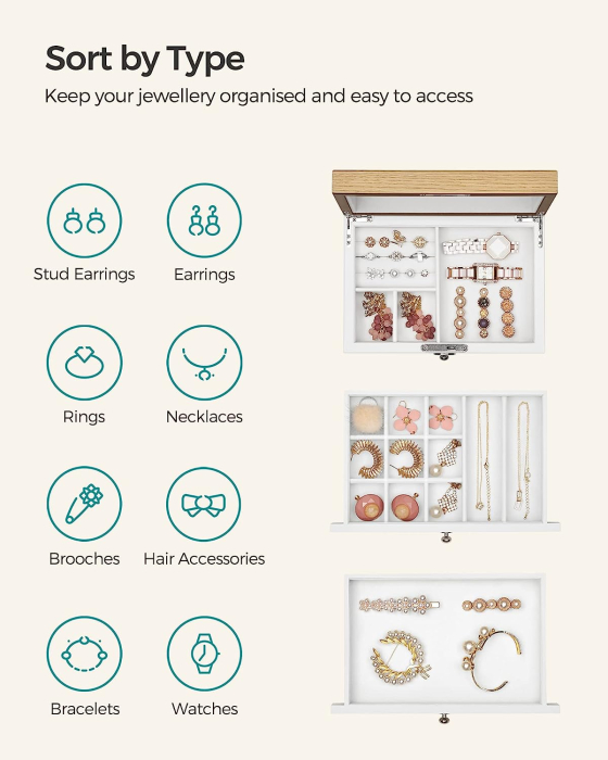 Cutie de bijuterii cu 3 nivele, 2 sertare, capac cu oglinda, 17x25x15cm, alb si maro [5]