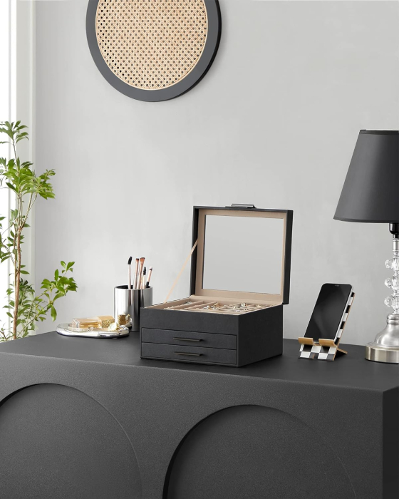 Cutie de bijuterii cu 3 nivele, 2 sertare, capac din sticla si incuietoare, 20x23x14cm, negru [8]