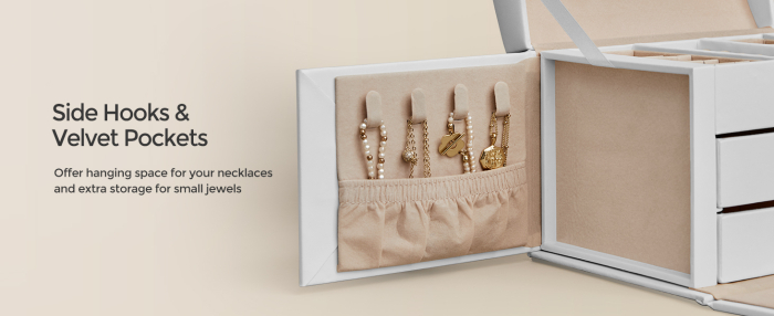 SONGMICS Cutie de bijuterii cu 3 niveluri, oglinda, incuietoare cu maner, 2 sertare, 14x18x14cm, alb [12]