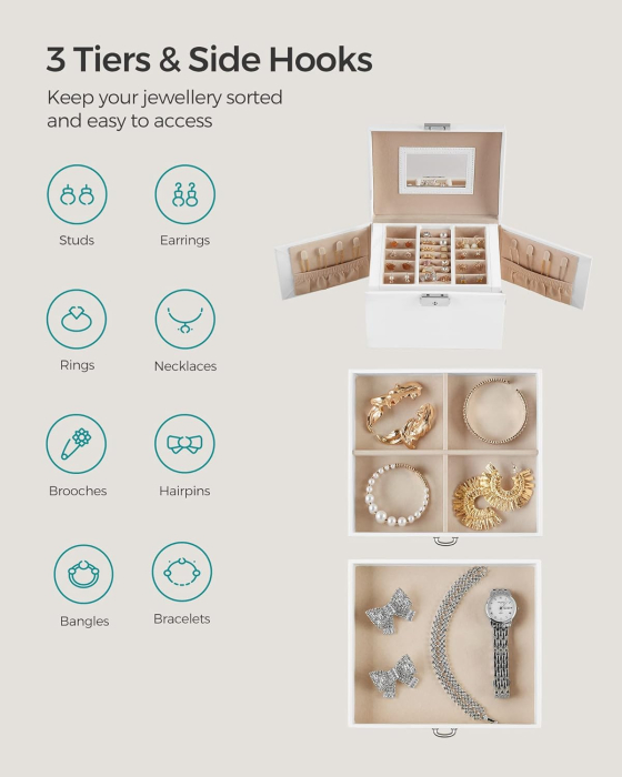 SONGMICS Cutie de bijuterii cu 3 niveluri, oglinda, incuietoare cu maner, 2 sertare, 14x18x14cm, alb [3]