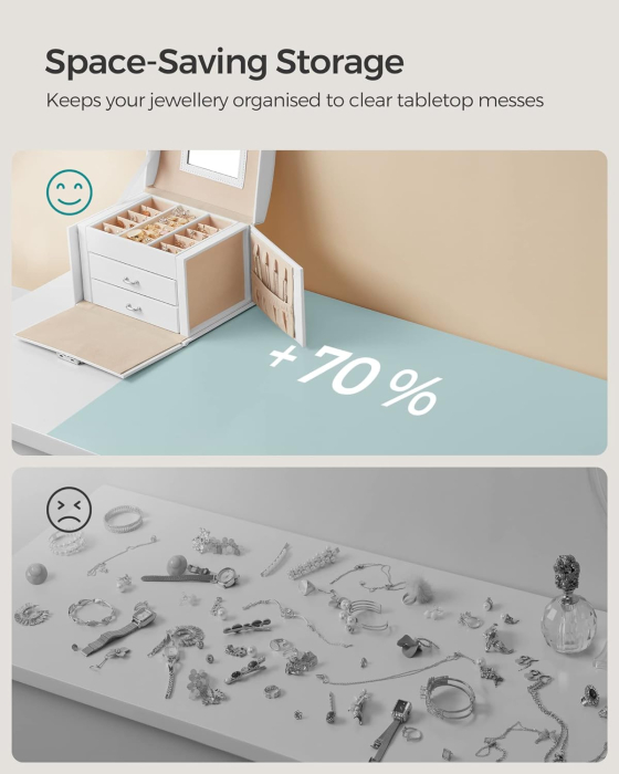 SONGMICS Cutie de bijuterii cu 3 niveluri, oglinda, incuietoare cu maner, 2 sertare, 14x18x14cm, alb [7]