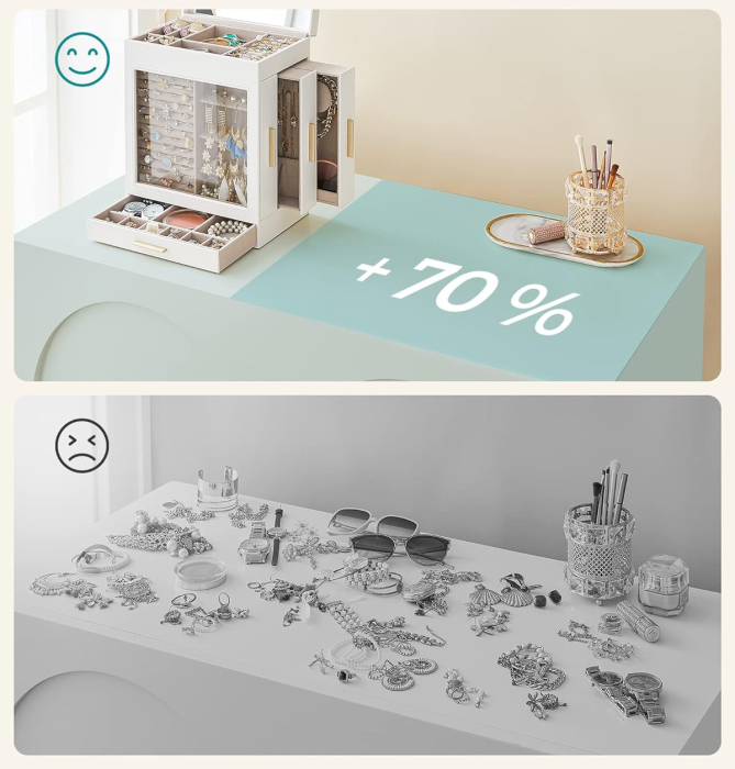 SONGMICS Cutie de bijuterii cu 3 sertare laterale, fereastra si oglinda mare, 16x26x32 cm, alb [6]