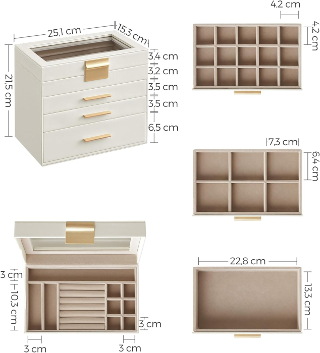 SONGMICS Cutie de bijuterii cu 4 nivele, 3 sertare, capac din sticla, 22x25x15cm, alb si auriu [7]