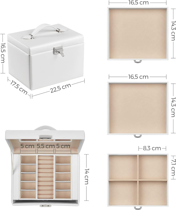 SONGMICS Cutie de bijuterii cu 4 nivele, 3 sertare, oglinda si incuietoare, 18x23x17cm, alb [8]