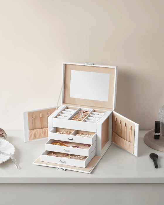 SONGMICS Cutie de bijuterii cu 4 nivele, 3 sertare, oglinda si incuietoare, 18x23x17cm, alb [11]