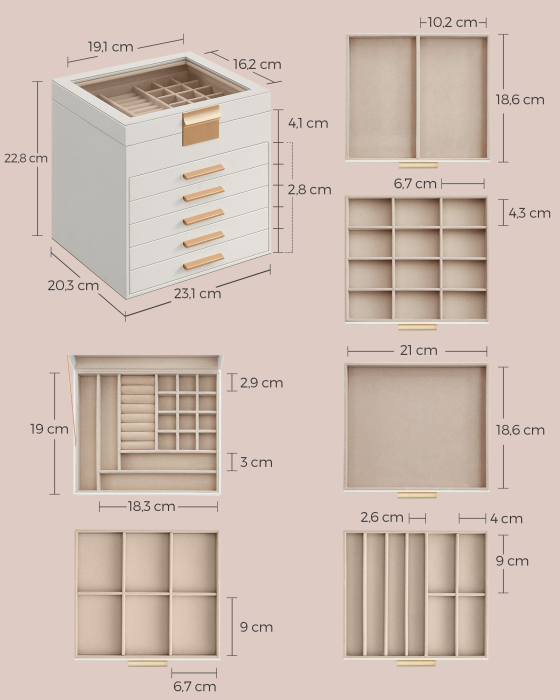 Cutie bijuterii 6 niveluri 45 compartimente, capac sticla, captuseala catifea, MDF si PU, 20x23x23 cm, alb auriu [5]