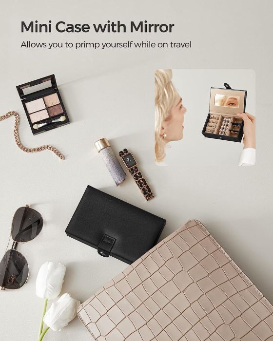 SONGMICS Cutie de bijuterii pe 3 nivele, cu 2 sertare, oglinda, maner, inchidere cu cheie, 18x26x17cm, negru [10]