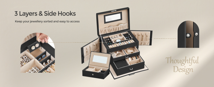 SONGMICS Cutie de bijuterii pe 3 nivele, cu 2 sertare, oglinda, maner, inchidere cu cheie, 18x26x17cm, negru [6]