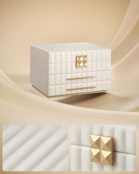 SONGMICS Cutie de bijuterii pe 3 nivele, cu oglinda si tavi detasabile, 22x24x16 cm, alb crem [3]