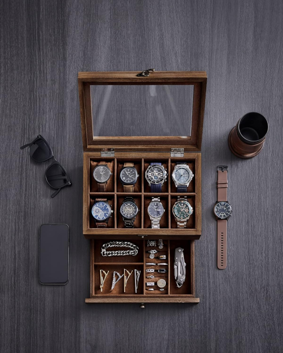 SONGMICS Cutie de ceasuri din lemn masiv, 8 compartimente si sertar bijuterii, 19x27x13cm, nuc rustic [2]