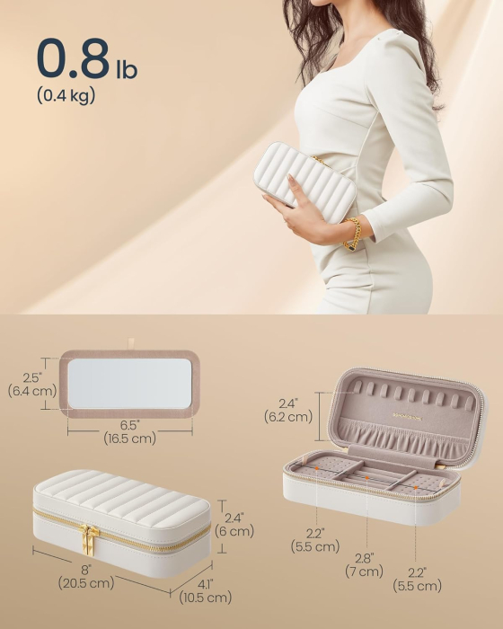 Cutie pentru bijuterii de calatorie, cu oglinda si compartimente organizate, 20x10x6 cm, alb [2]