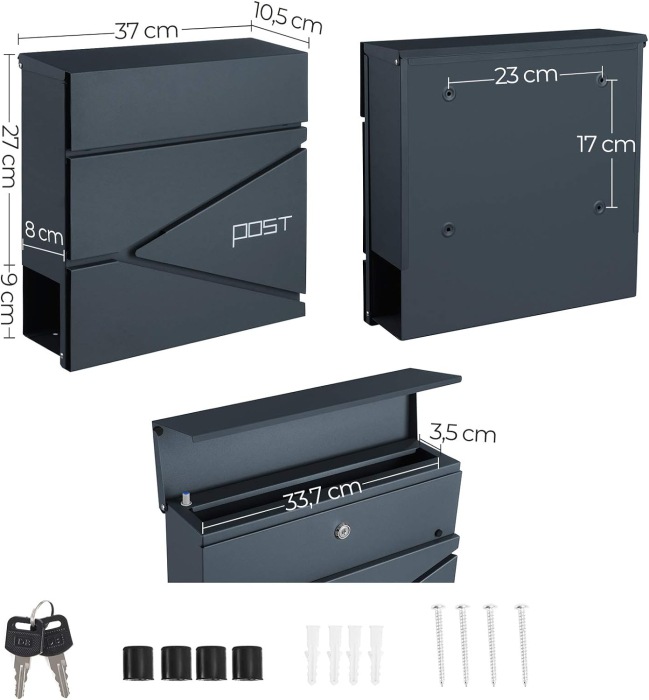 SONGMICS Cutie postala de exterior, pentru gard sau perete, din otel, cu incuietoare, 37x11x37cm, gri antracit [4]