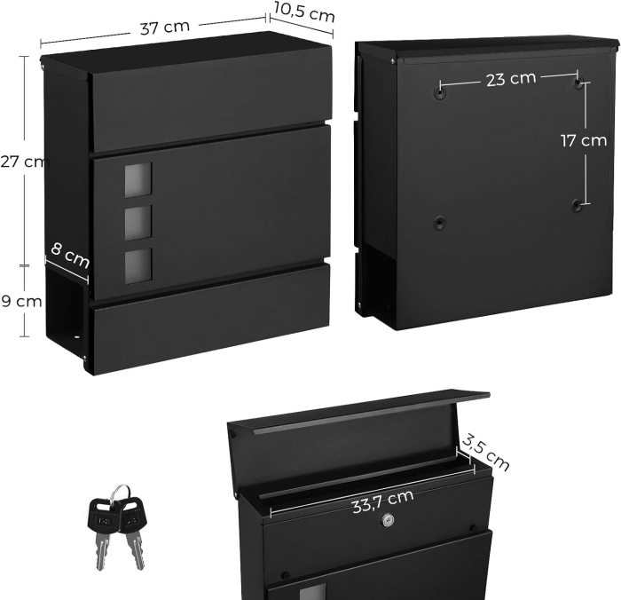 Cutie postala de exterior, pentru gard sau perete, din otel zincat, cu incuietoare, 37x11x37cm, negru [8]