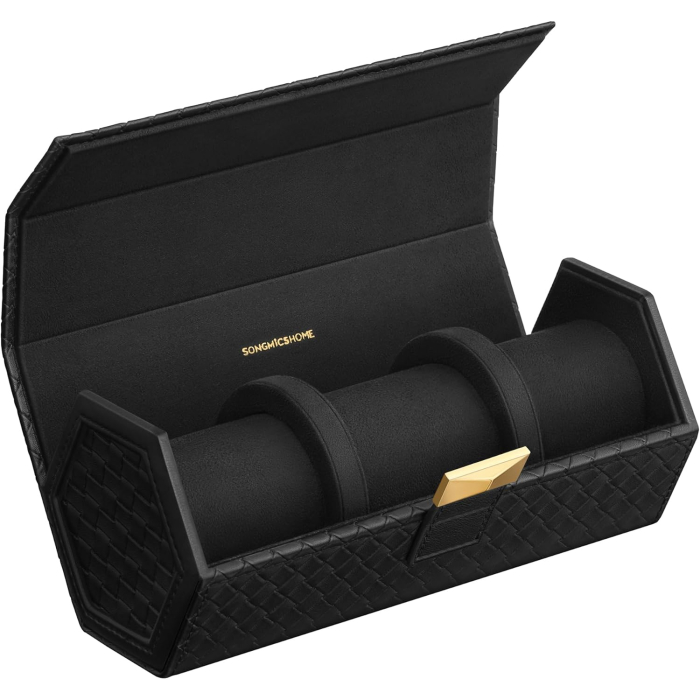 SONGMICS Cutie voiaj ceasuri Ronne, 3 compartimente + spatiu ascuns, 21x10x9 cm, negru [8]