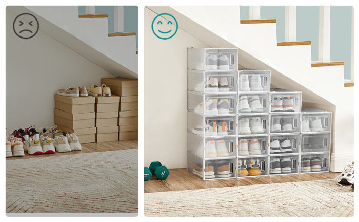 Cutii de pantofi, set de 18 organizatoare stivuibile, structura rezistenta ABS, 34x23x14cm, transparent [2]