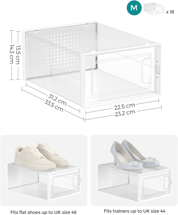 Cutii de pantofi, set de 18 organizatoare stivuibile, structura rezistenta ABS, 34x23x14cm, transparent [8]