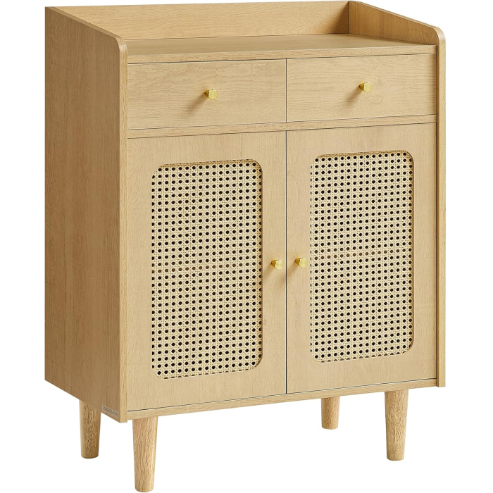 SONGMICS Dulap 70x40x90 cm, cu 2 sertare, raft reglabil si usi duble, MDF si lemn masiv, stil boho, stejar bej [1]