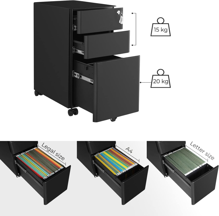 SONGMICS Dulap birou rollbox, cu 3 sertare si roti, corp metalic preasamblat cu incuietoare, pentru documente A4, 46x30x59 cm, negru [7]