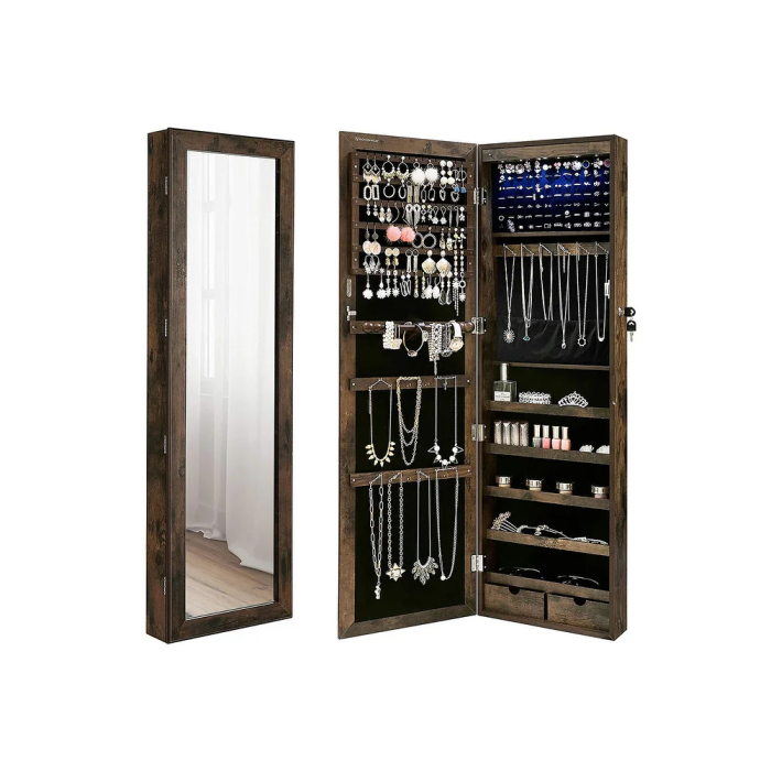Dulap de bijuterii cu oglinda, din MDF, montare pe perete, 37x10x120 cm, maro rustic [12]
