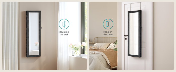 SONGMICS Dulap de bijuterii cu oglinda, din MDF, montare pe perete, 37x10x120 cm, negru [7]