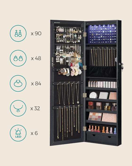 SONGMICS Dulap de bijuterii cu oglinda, din MDF, montare pe perete, 37x10x120 cm, negru [10]