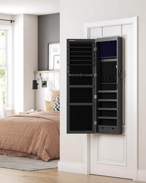 SONGMICS Dulap de bijuterii cu oglinda, din MDF, montare pe perete, 37x10x120 cm, negru [9]