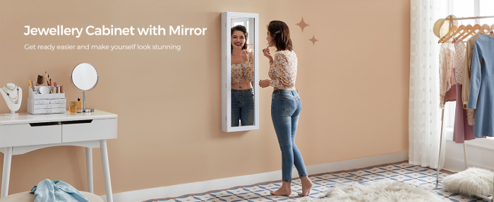 Dulap de bijuterii cu oglinda, montare pe perete, incuietoare, 37x10x120cm, alb [8]