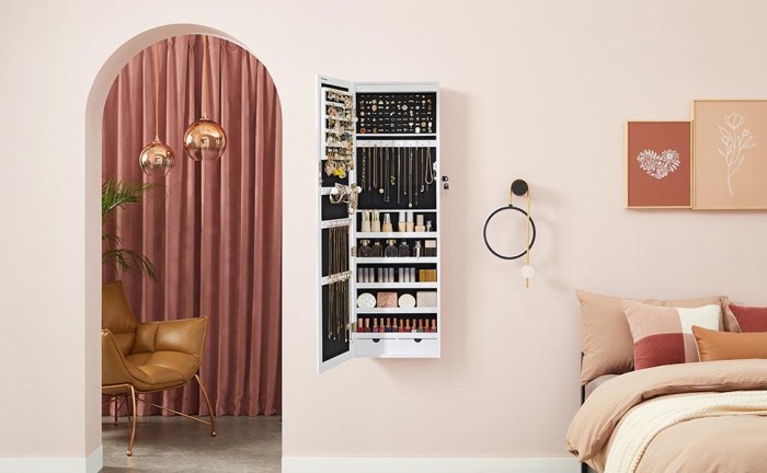 Dulap de bijuterii cu oglinda, montare pe perete, incuietoare, 37x10x120cm, alb [11]