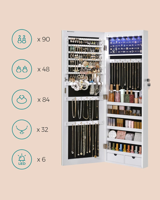 Dulap de bijuterii cu oglinda, montare pe perete, lumini LED, 37x10x120cm, alb [5]