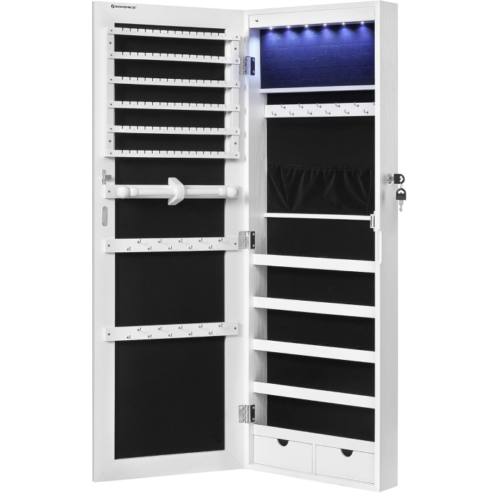 Dulap de bijuterii cu oglinda, montare pe perete, lumini LED, 37x10x120cm, alb [2]